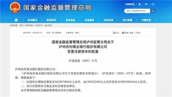 泸州农商银行获批增资至39.8亿元	，泸州老窖集团、兴泸资产认购，持股均超5%
