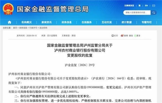 泸州农商银行获批增资至39.8亿元	，泸州老窖集团、兴泸资产认购，持股均超5%